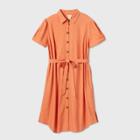 Women's Plus Size Leopard Print Short Sleeve Collared Linen Shirtdress - Ava & Viv Coral