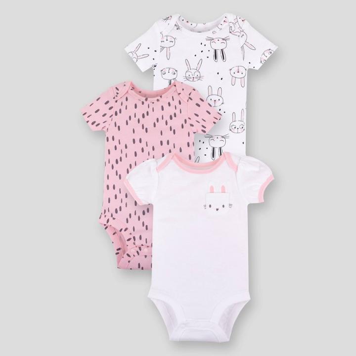 Lamaze Baby Girls' Organic Cotton 3pk Short Sleeves Bunny Bodysuit - Pink Newborn