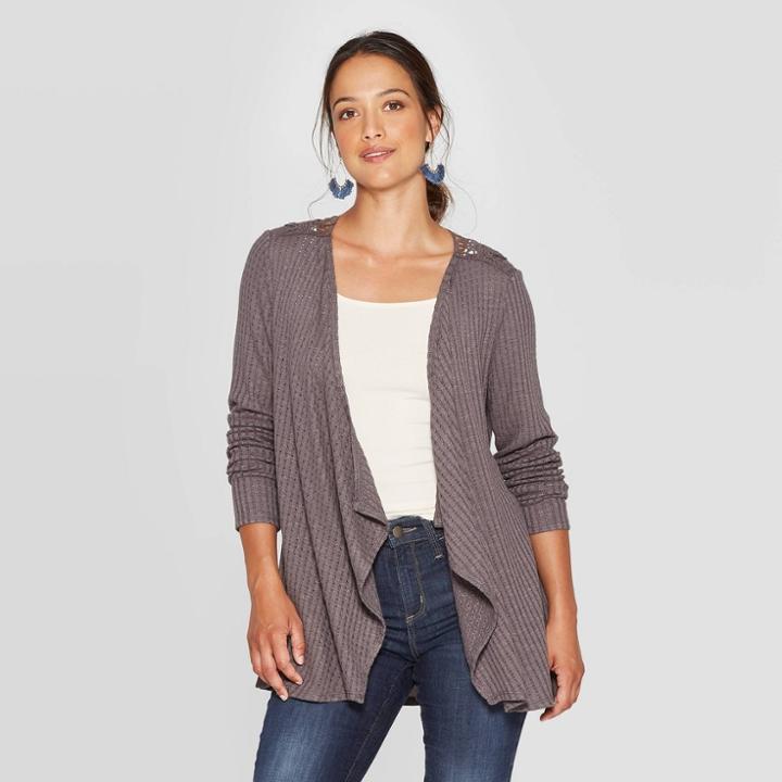 Women's Long Sleeve Open Front Crochet Backing Jacket - Knox Rose Gray