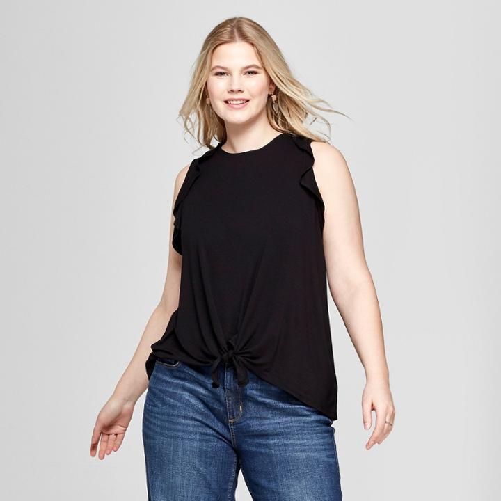 Women's Plus Size Tie Front Ruffle Sleeveless Tank - Ava & Viv Black