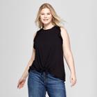 Women's Plus Size Tie Front Ruffle Sleeveless Tank - Ava & Viv Black