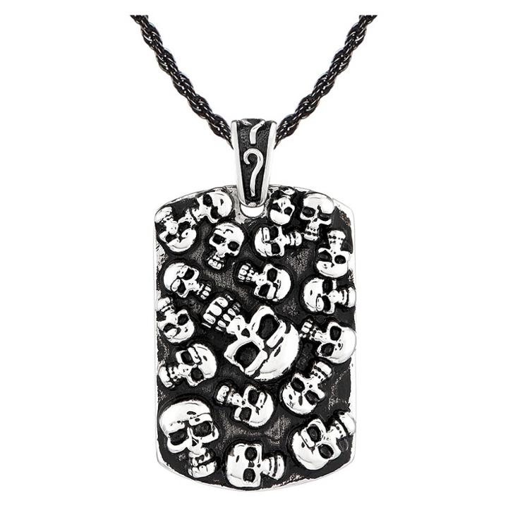 Men's Crucible Stainless Steel Skulls Inlay Dog Tag Pendant Necklace - Silver/black (24),