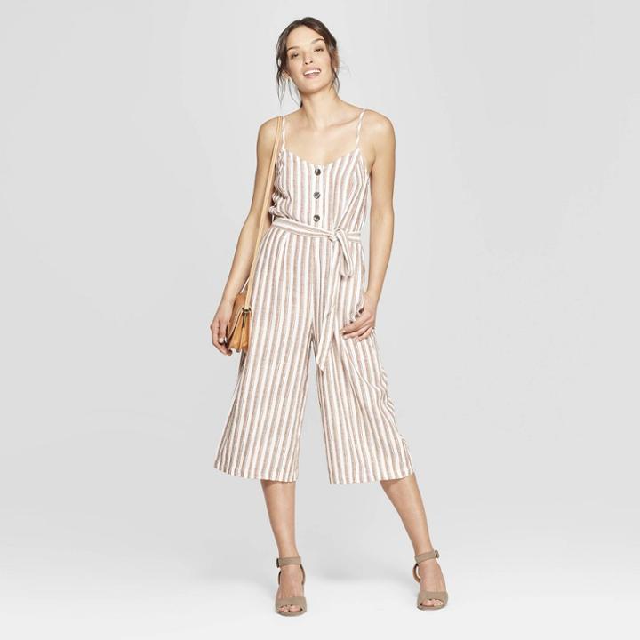 Women's Sleeveless V-neck Button Front Striped Jumpsuit - Universal Thread Brown/white