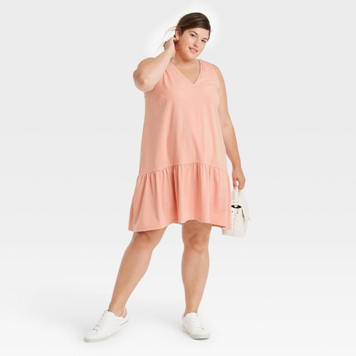 Women's Plus Size Sleeveless Ruffle Hem Knit Dress - A New Day Coral