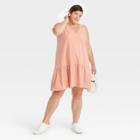 Women's Plus Size Sleeveless Ruffle Hem Knit Dress - A New Day Coral