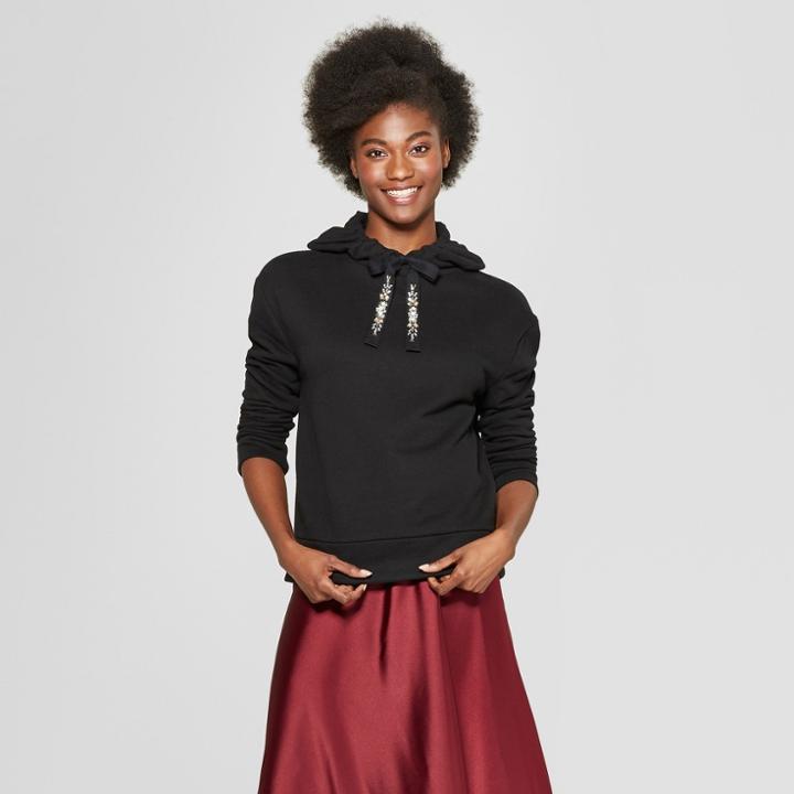 Women's Long Sleeve Embellished Drawcord Hoodie - A New Day Black