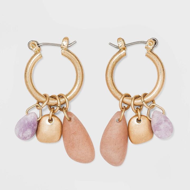 Semi-precious Lepidolite And Lemon Green Agate Worn Gold Hoop Earrings - Universal Thread Honey