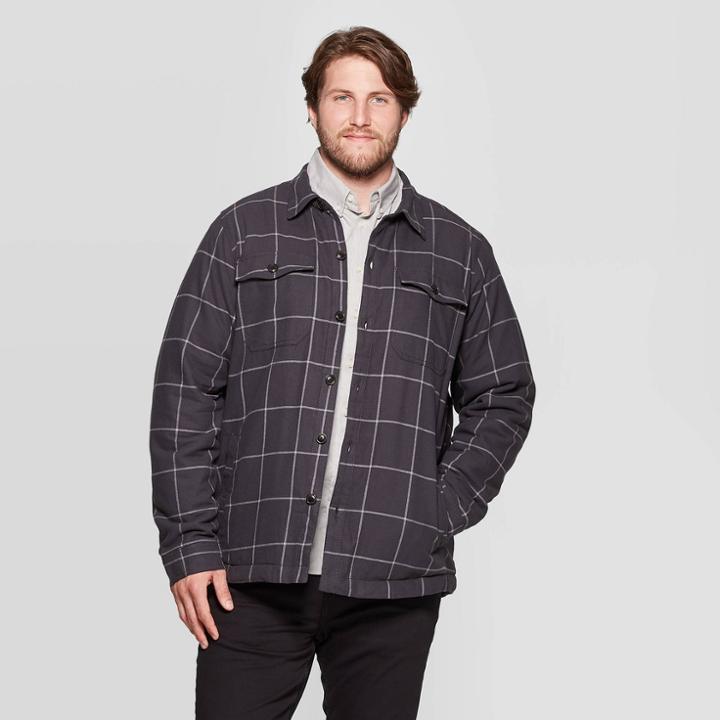 Men's Big & Tall Plaid Sherpa Lined Shirt Jacket - Goodfellow & Co Hematite 2xb,