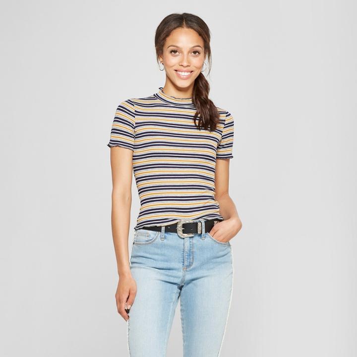 Women's Striped Short Sleeve Mock Neck Top - Almost Famous (juniors') Navy