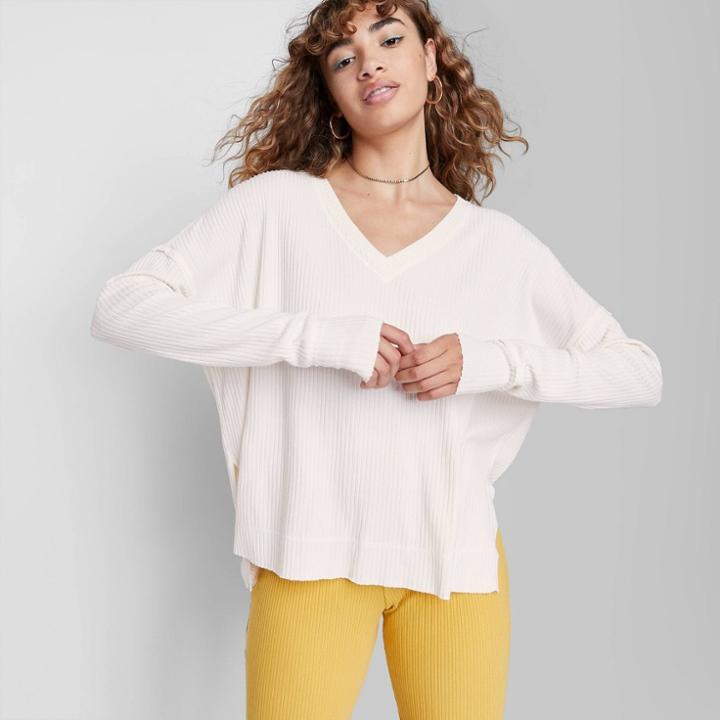 Women's Long Sleeve V-neck Cozy Rib T-shirt - Wild Fable Almond