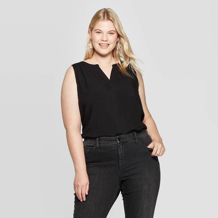 Women's Plus Size Crewneck Utility Blouse - Ava & Viv Black