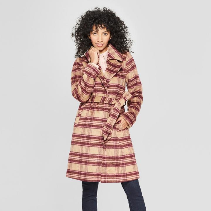 Women's Plaid Wrap Coat - A New Day Burgundy