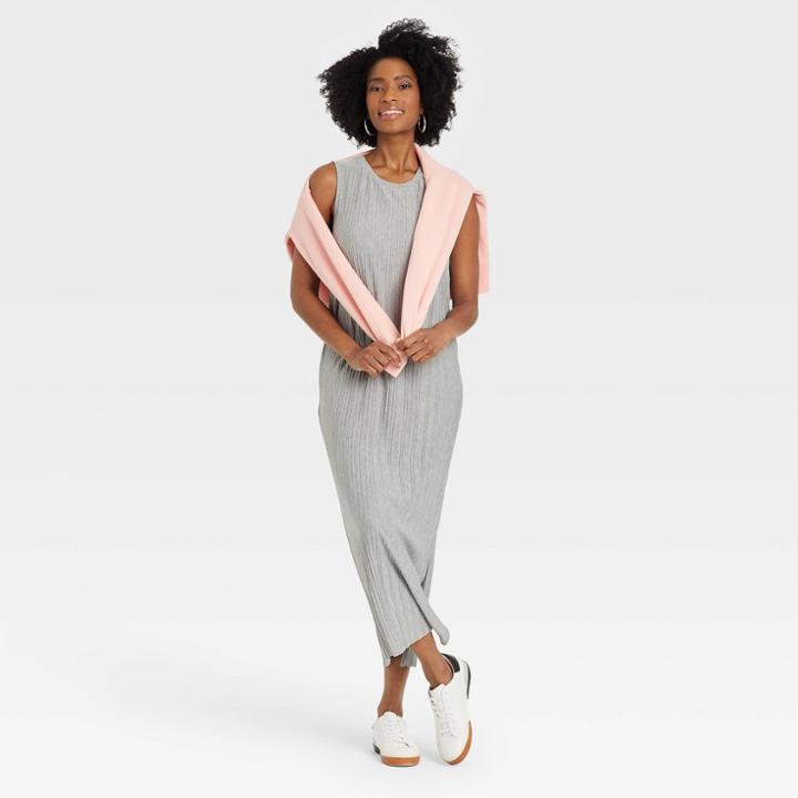 Women's Sleeveless Plisse Knit Dress - A New Day Heather Gray