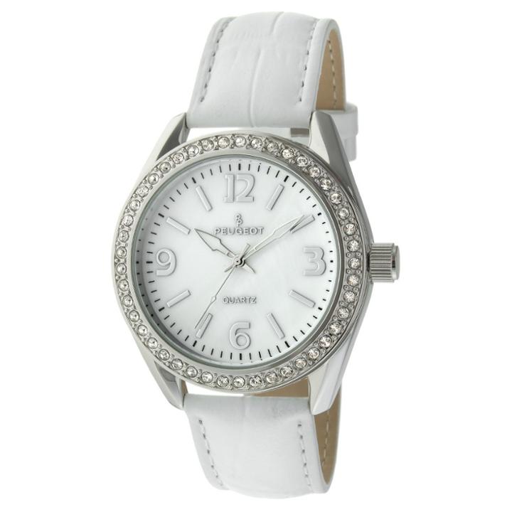 Peugeot Watches Peugeot Women's Swarovski Crystal Accented Leather Strap Watch - White