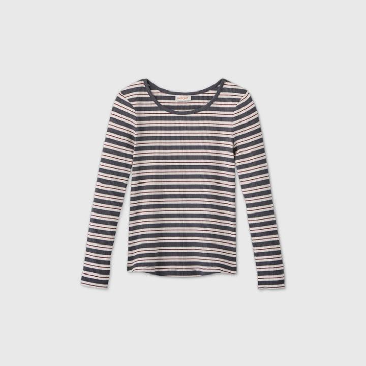Girls' Long Sleeve Striped Ribbed T-shirt - Cat & Jack Charcoal Gray