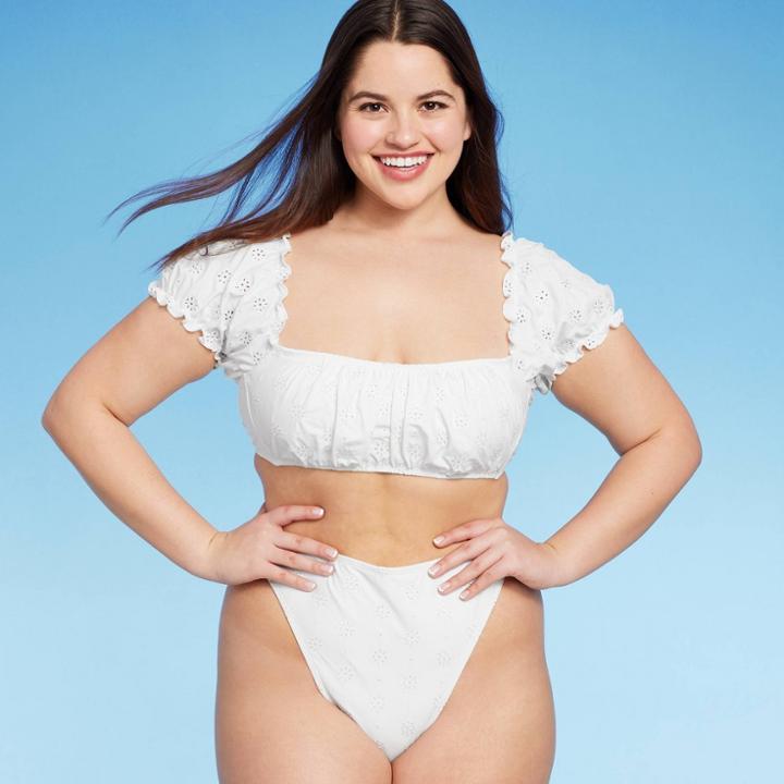 Women's Puff Sleeve Eyelette Bralette Bikini Top - Wild Fable White