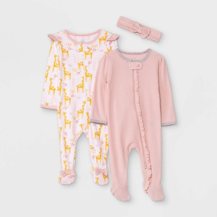 Baby Girls' 2pk Giraffe Sleep N' Play With Headwrap - Cloud Island Light Pink Newborn