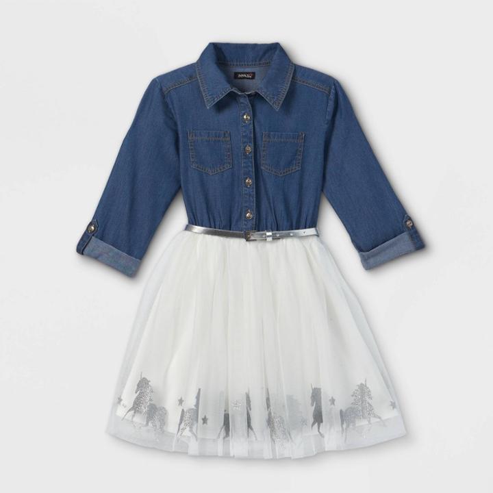 Zenzi Girls' Denim Tulle Dress - White