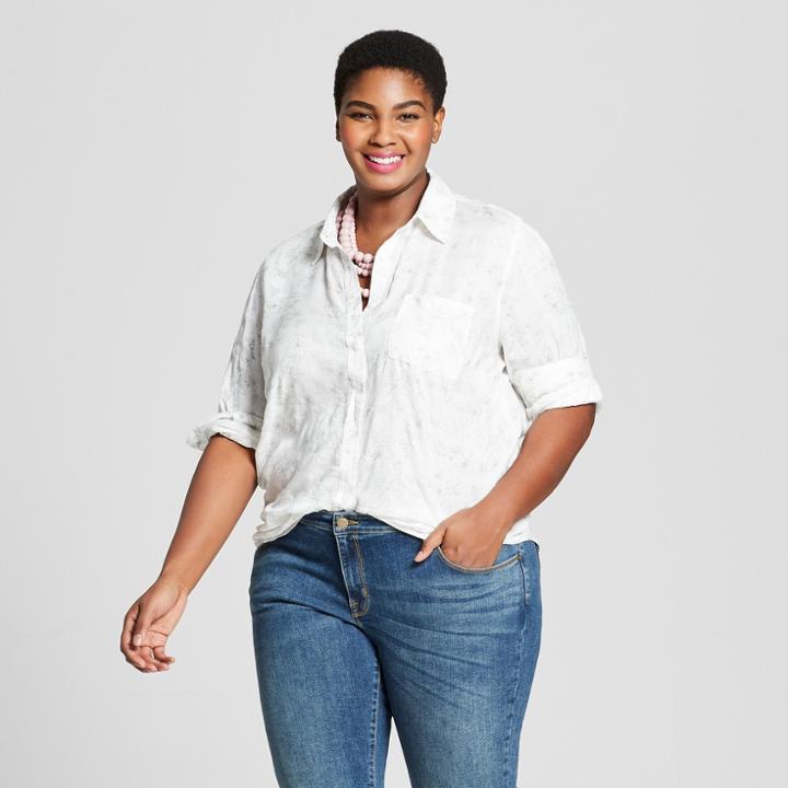 Women's Plus Size Button-down Long Sleeve Floral Shirt With Shine - Ava & Viv