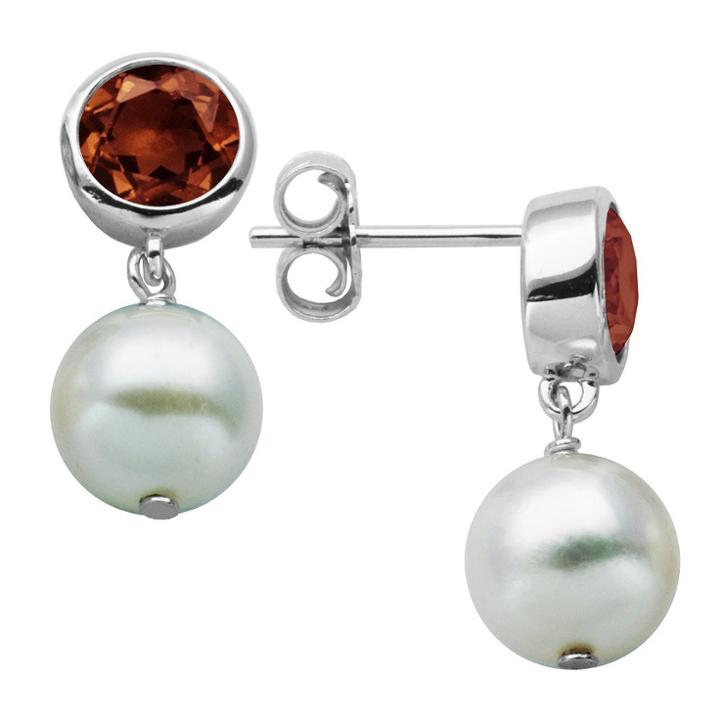 Prime Art & Jewel Sterling Silver Genuine White Pearl And Genuine Bezel Set Garnet Post Earrings, Girl's,