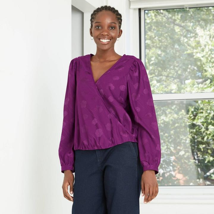 Women's Puff Long Sleeve Wrap Top - A New Day Deep Purple