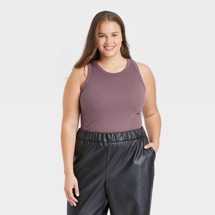 Women's Plus Size Ribbed Crewneck Tank Bodysuit - A New Day Purple