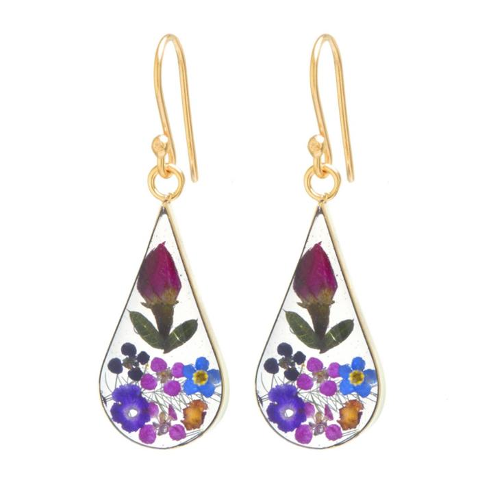 Distributed By Target Women's Gold Over Sterling Silver Pressed Flowers Teardrop Earrings,