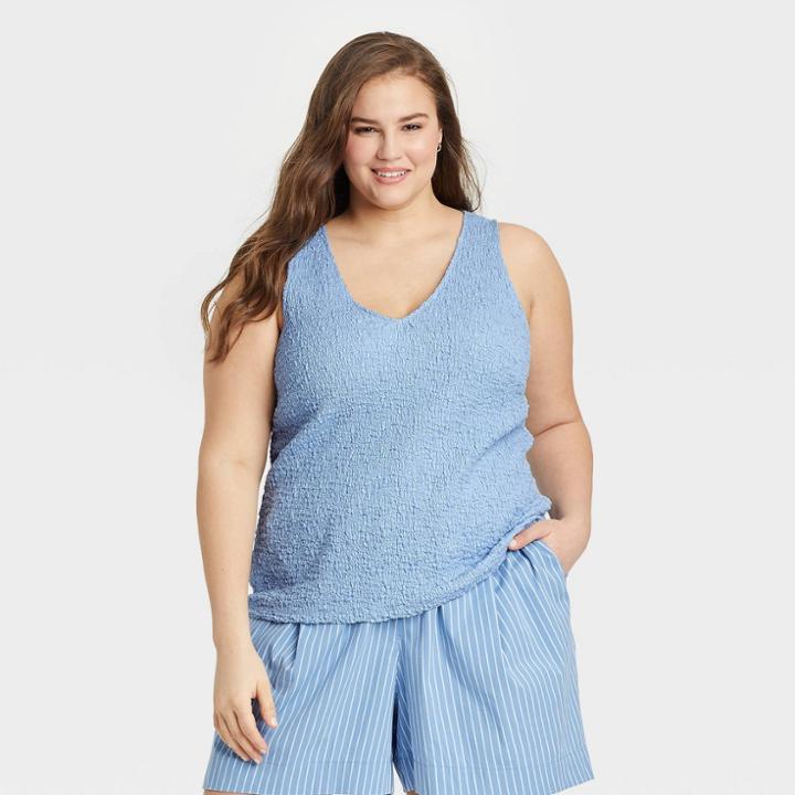 Women's Plus Size Textured Tank Top - A New Day Blue