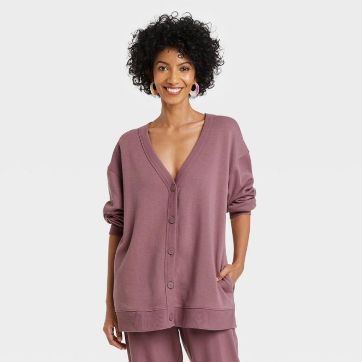 Women's All Day Fleece Button-front Cardigan - A New Day Brown