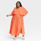 Women's Plus Size Flutter Short Sleeve Embroidered Kaftan A-line Dress - Knox Rose Coral Orange Floral