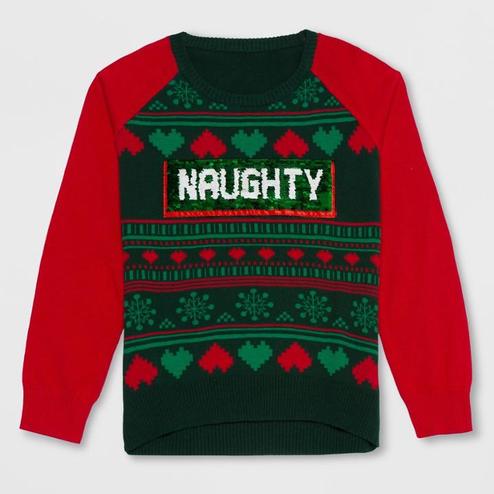 Well Worn Girls' 'naughty Or Nice' Flip Sequin Sweater - Green/red
