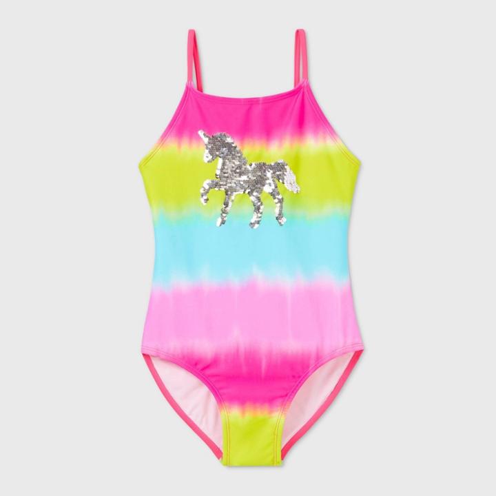 Girls' Tie-dye Striped Flip Sequin Unicorn One Piece Swimsuit - Cat & Jack Xs, Pink/silver