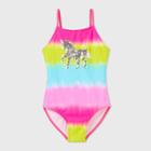 Girls' Tie-dye Striped Flip Sequin Unicorn One Piece Swimsuit - Cat & Jack Xs, Pink/silver