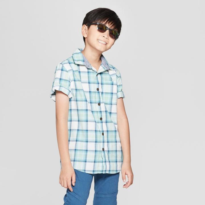 Boys' Woven Plaid Short Sleeve Button-down Shirt - Cat & Jack Green/gray