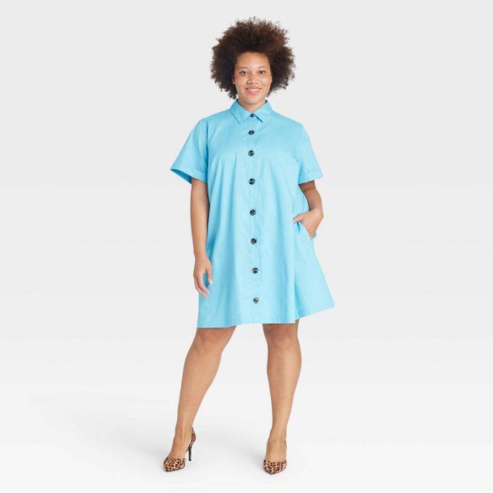 Women's Plus Size Short Sleeve Button-up Trapeze Dress - Who What Wear Blue