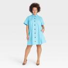 Women's Plus Size Short Sleeve Button-up Trapeze Dress - Who What Wear Blue