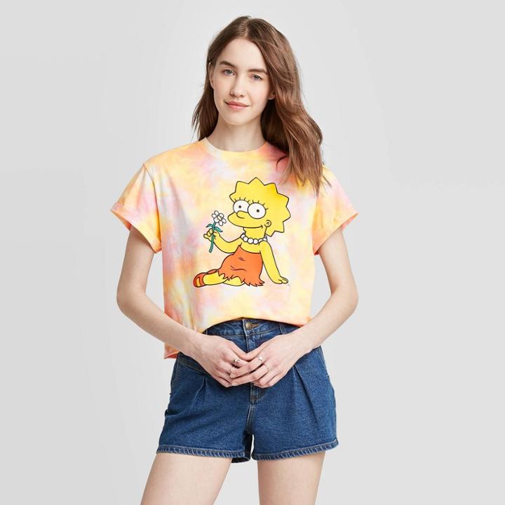 The Simpsons Women's Lisa Simpson Rolled Cuff Boxy Short Sleeve Cropped Graphic T-shirt - Yellow