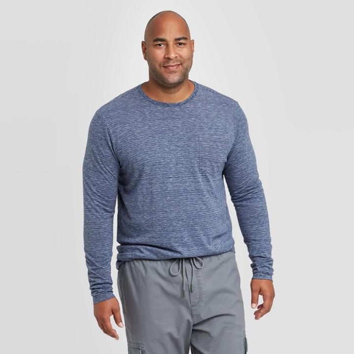 Men's Tall Striped Athletic Fit Long Sleeve Lyndale T-shirt - Goodfellow & Co Blue