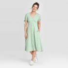 Women's Floral Print Puff Short Sleeve Button-front Dress - Universal Thread Green