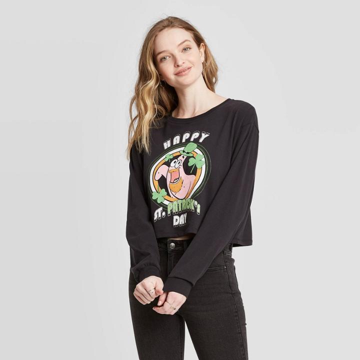 Women's Nickelodeon Happy St. Patricks Day Long Sleeve Cropped T-shirt (juniors') - Black