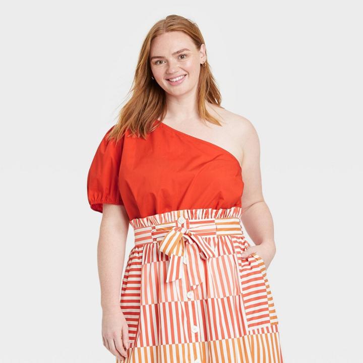Women's Plus Size Puff Short Sleeve One Shoulder Top - Who What Wear Red