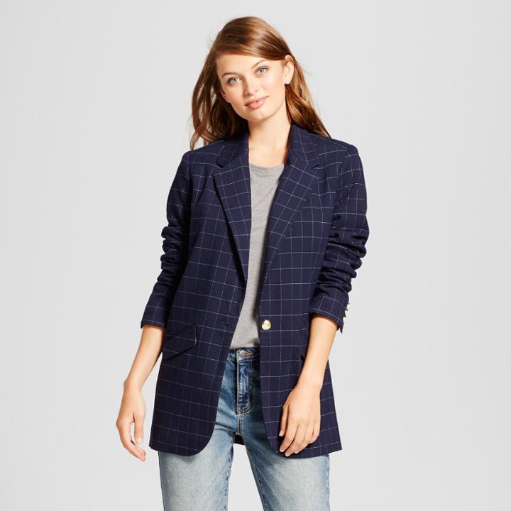 Women's Plaid Boyfriend Blazer - A New Day Navy