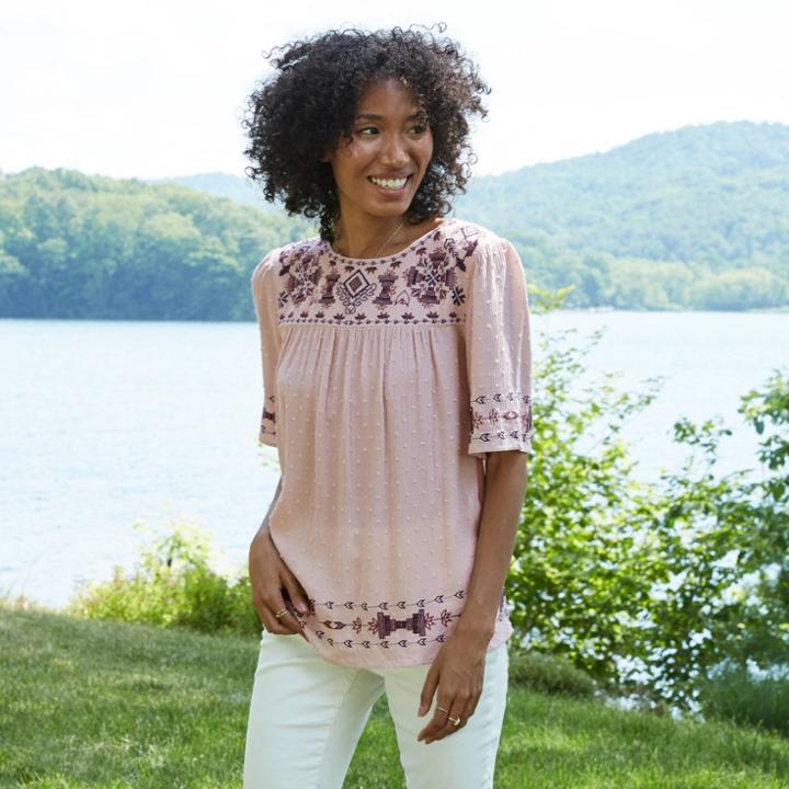 Women's Short Sleeve Embroidered Clip Dot Top - Knox Rose Cream
