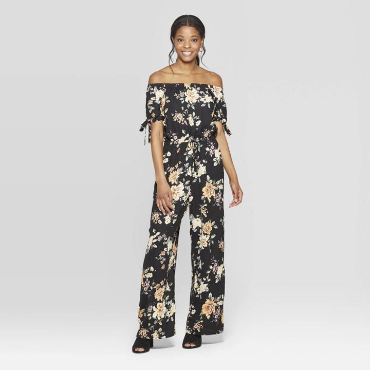 Women's Floral Print Short Tie Sleeve Off The Shoulder Jumpsuit - Xhilaration Black/yellow