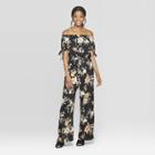 Women's Floral Print Short Tie Sleeve Off The Shoulder Jumpsuit - Xhilaration Black/yellow