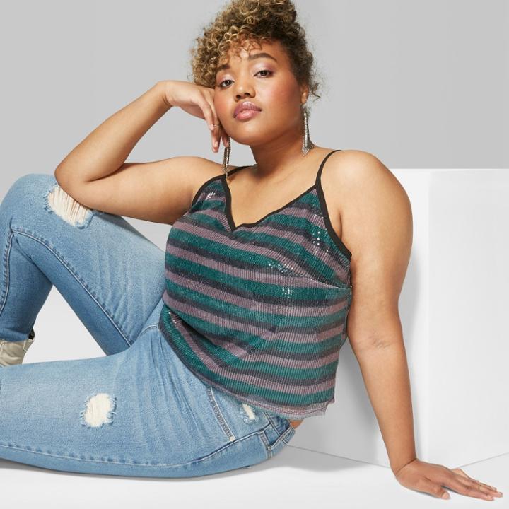 Women's Plus Size Striped Sequin Camisole - Wild Fable Green