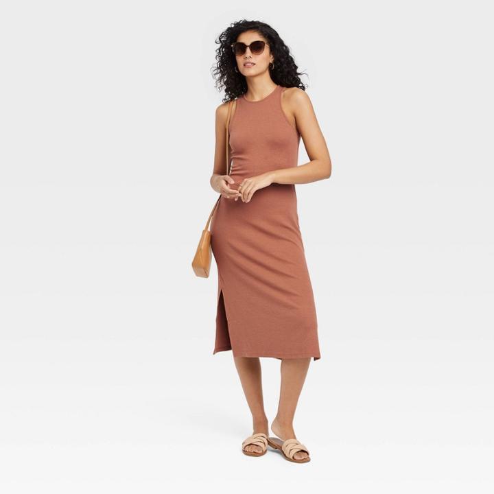 Women's Sleeveless Ribbed Dress - A New Day Rust