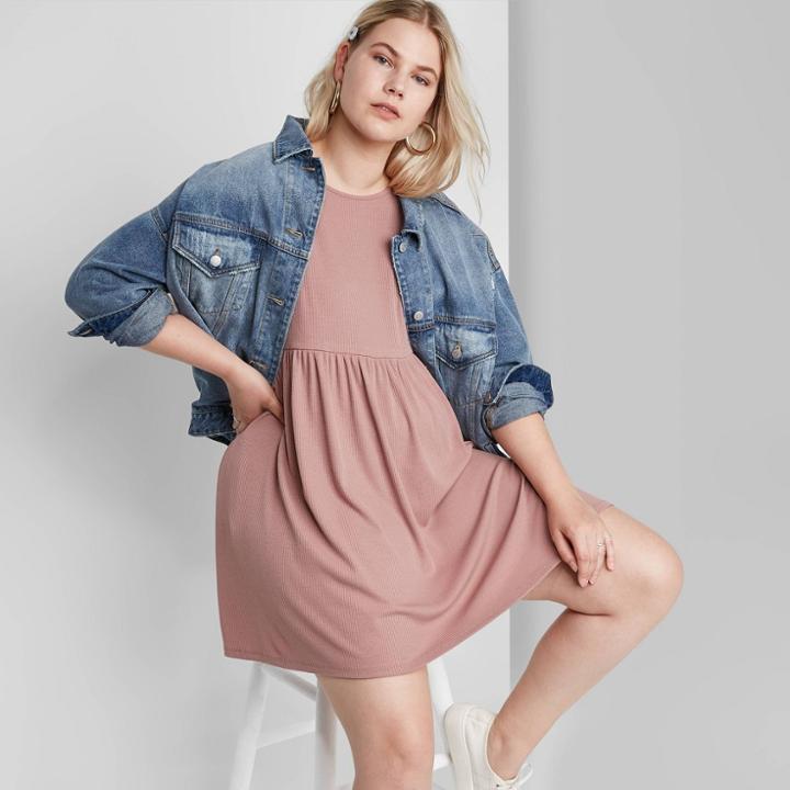 Women's Plus Size Rib-knit Short Sleeve Babydoll Dress - Wild Fable