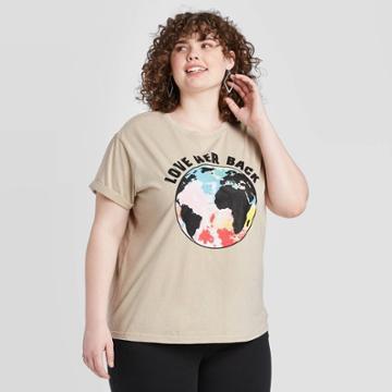 Fifth Sun Women's Plus Size Love Her Back Tie-dye Earth Rolled Cuff Short Sleeve Graphic T-shirt (juniors') - Taupe 1x, Women's, Size: