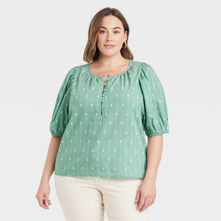 Women's Plus Size Puff Elbow Sleeve Button-down Blouse - Universal Thread Green